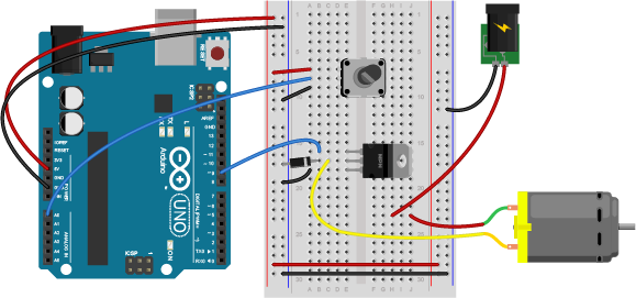 Diagram of a DC motor controlled by an arduino with a transisor
