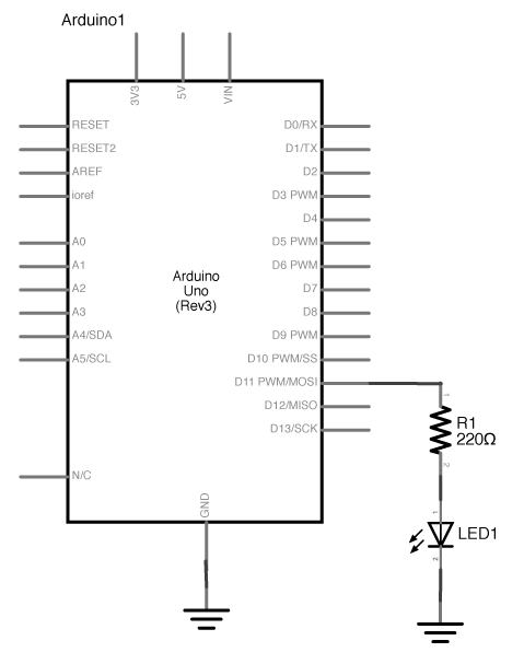 Schematic of an LED connected to a PWM pin on an Arduino
