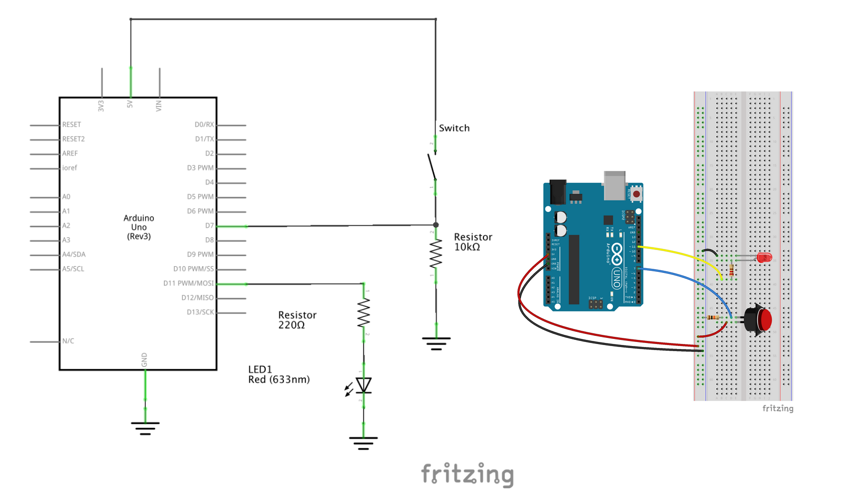 Schematic of a button controlling and LED with an Arduino