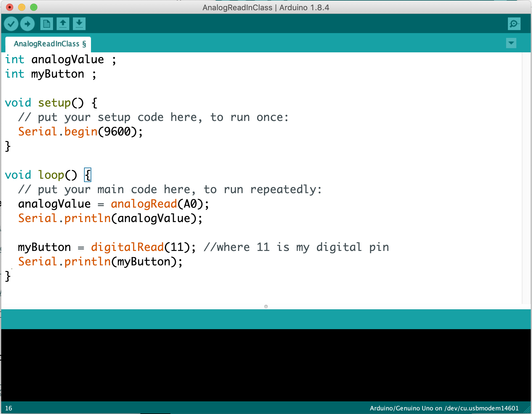 Arduino IDE with code showing the use of variables and Serial.println().