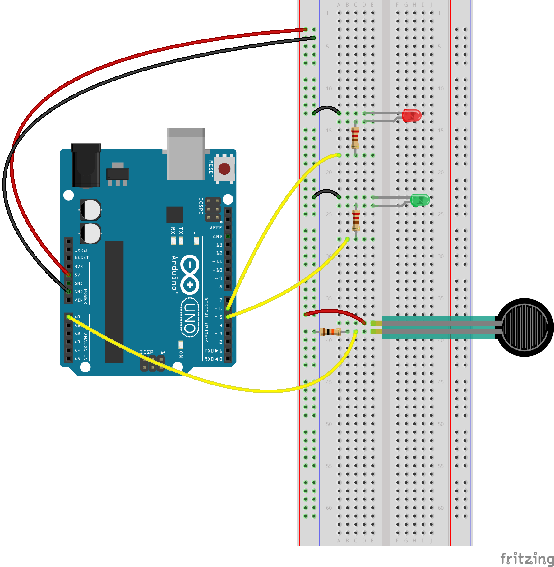 Breadboard diagram of a force sensor controlling 2 LEDs