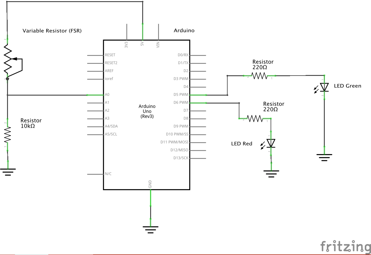 Schematic of force sensor controlling 2 LEDs