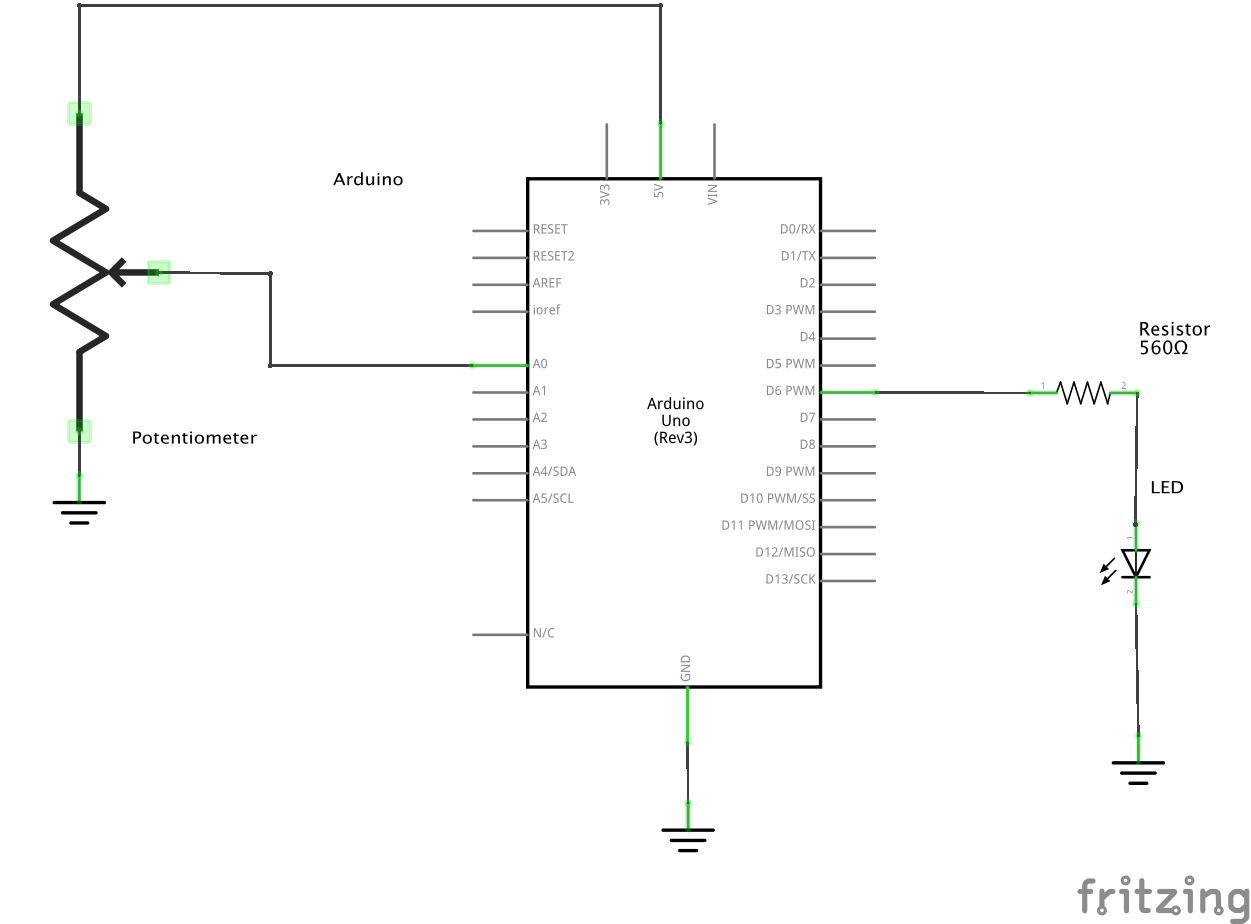 Schematic of a potentiometer controlling an LED